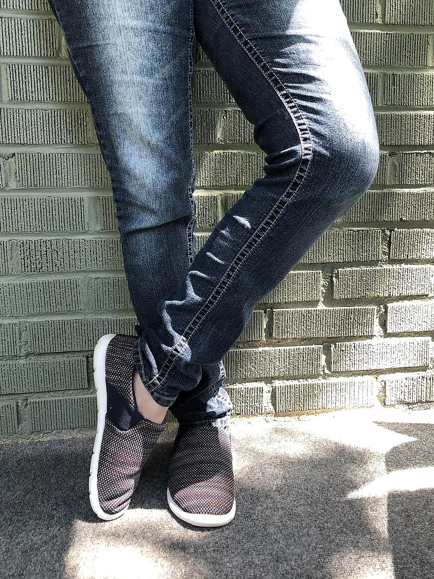 jeans, des chaussures, mode, jambes, chaussure, style, femme, mur