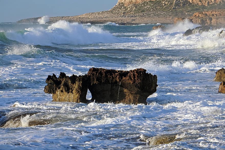 Příroda, pobřeží, moře, vln, cavo greko, Kypr, krajina, scenérie, cestovat, průzkum, vlna