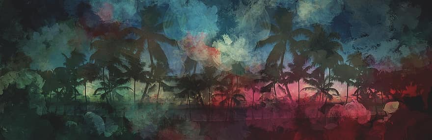 palmbomen, panorama, strand, avond, vakanties