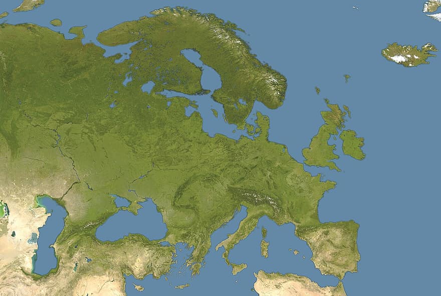 mapa Evropy, satelitní snímek, Geografická poloha, moří, oceánů, Evropská mapa, svaz, země, národů, národ, evropský