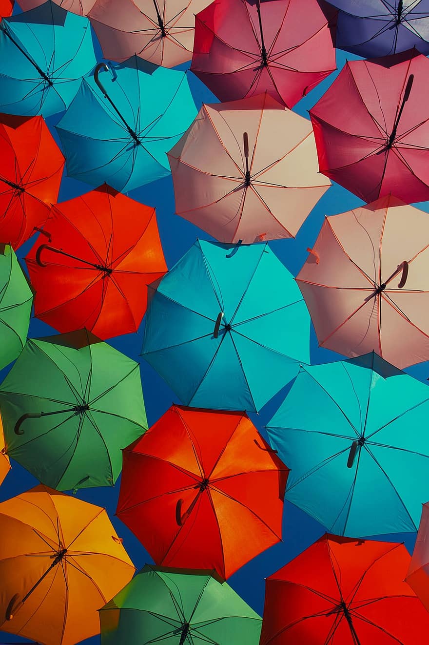 paraplyer, dekoration, himmel, färgglada paraplyer, hängande, dekorativ