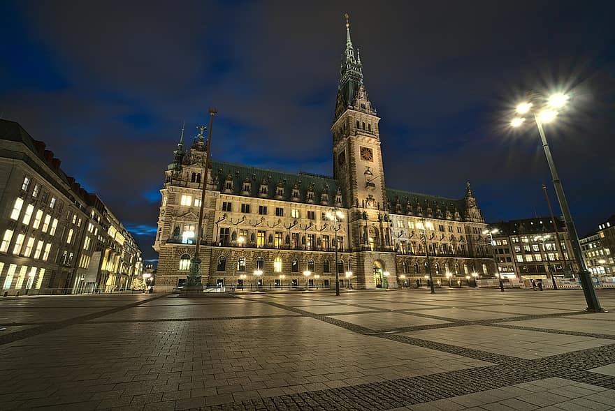 şehir meydanı, gece, mimari, Belediye binası, binalar, Hamburg, cephe, Almanya, ünlü mekan, dış yapı, aydınlatılmış