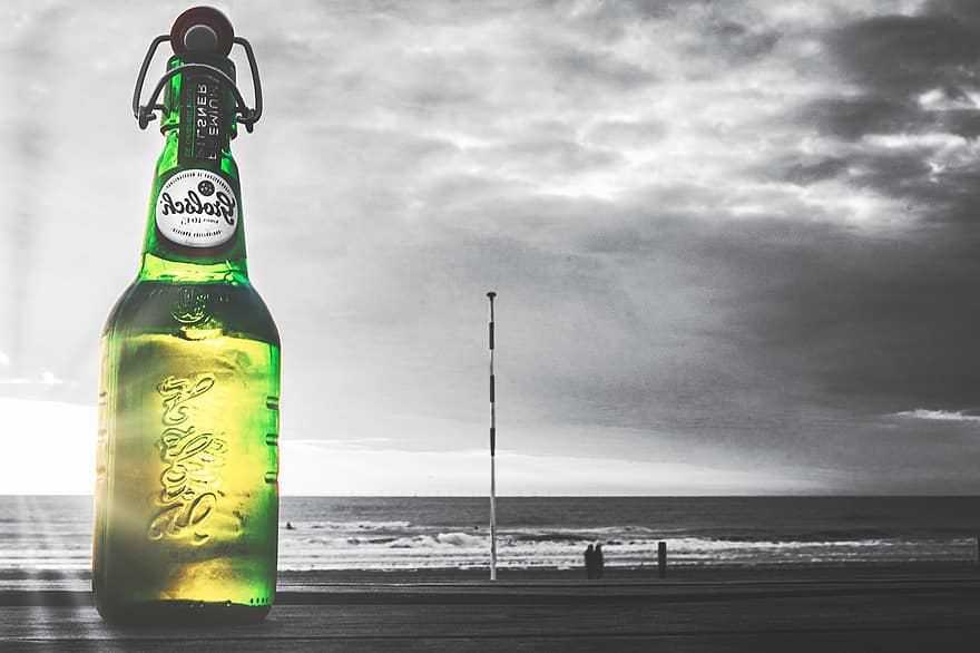 birra, bottiglia di birra, spiaggia, bevanda alcolica, bevanda, mare, tramonto, paesaggio, bottiglia, bere, alcool
