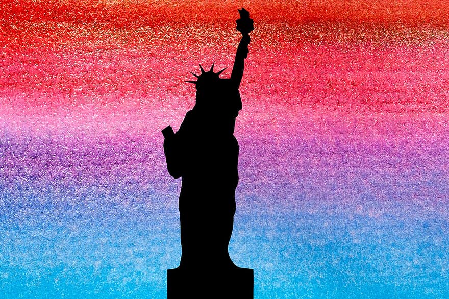 Vrijheidsbeeld, Verenigde Staten van Amerika, Verenigde Staten, New York, standbeeld, monument, dom, Amerika, silhouet, rood