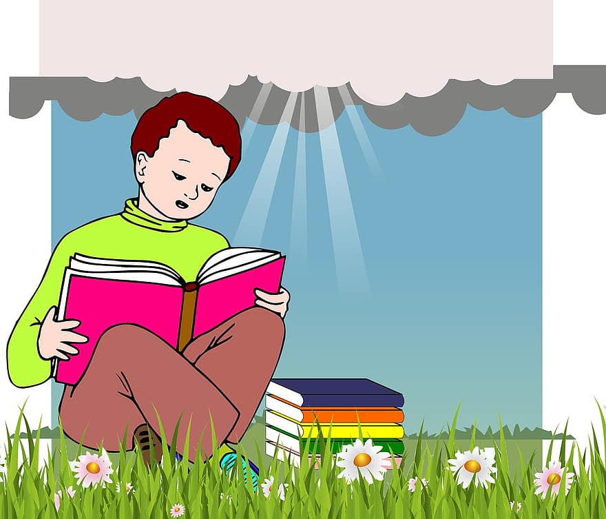 момче, четене, Книга, сол, отдих, Прочети, проучване, уча, парк, знание, спокойствие