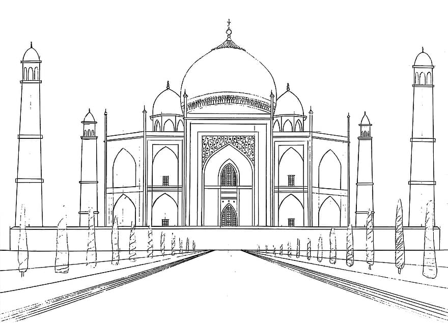 Тадж Махал, джамия, дворец, мрамор, паметник, сграда, купол, архитектура, скица, акварел, Индия