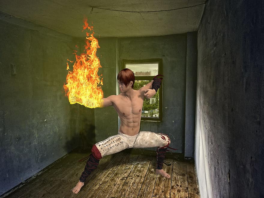 Fantasy, Fire, Man, Chinese, Asian, Room, Flame, Karate, Martial Arts, Lights, Muscular Man