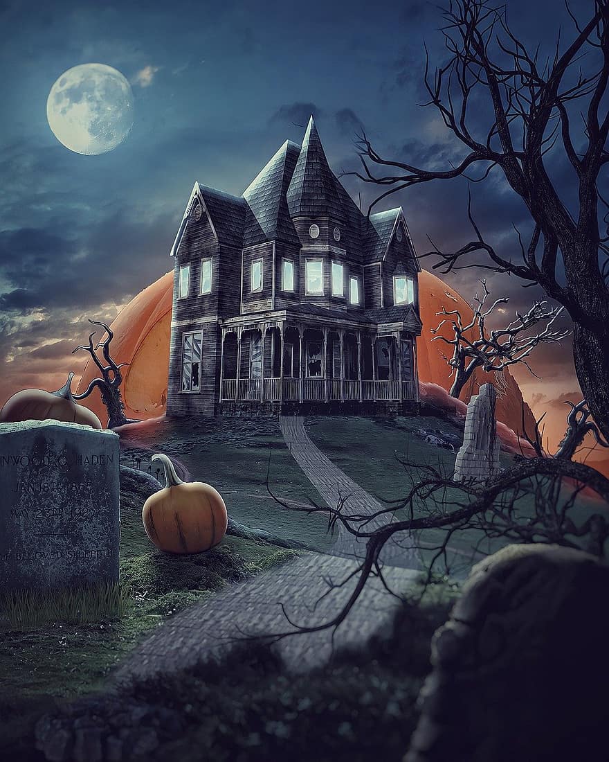 Хэллоуин, дом с привидениями, кладбище, строительство, Луна, полнолуние, надгробий, жилой дом, вечер, ночь, страшно