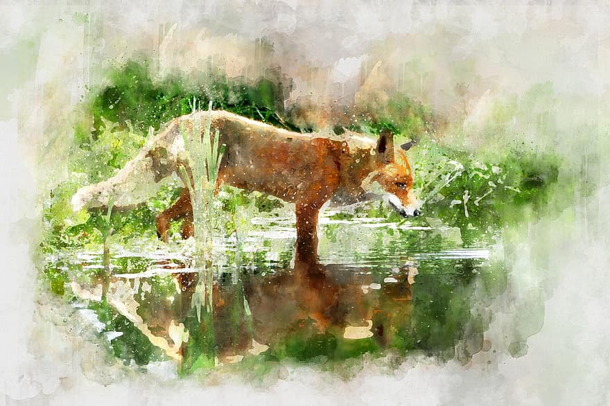 Fox, Watercolor, Animal, Nature, Cartoon, Drawing