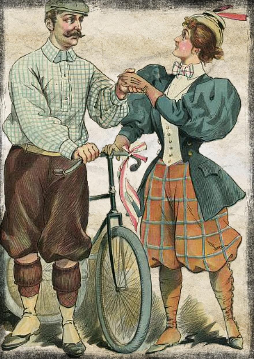 couple, vélo, ancien, publicité, collage, homme, femme, bicyclette, personnes, heureux, actif