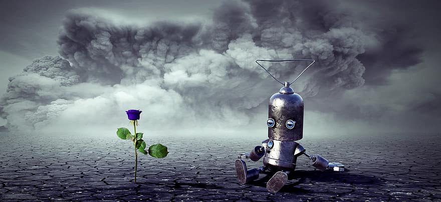 fantasia, robotti, ruusu-, räjähdys, tieteiskirjallisuus, epätodellinen, eteenpäin, valo, keinotekoinen, mieliala, savun pilvi