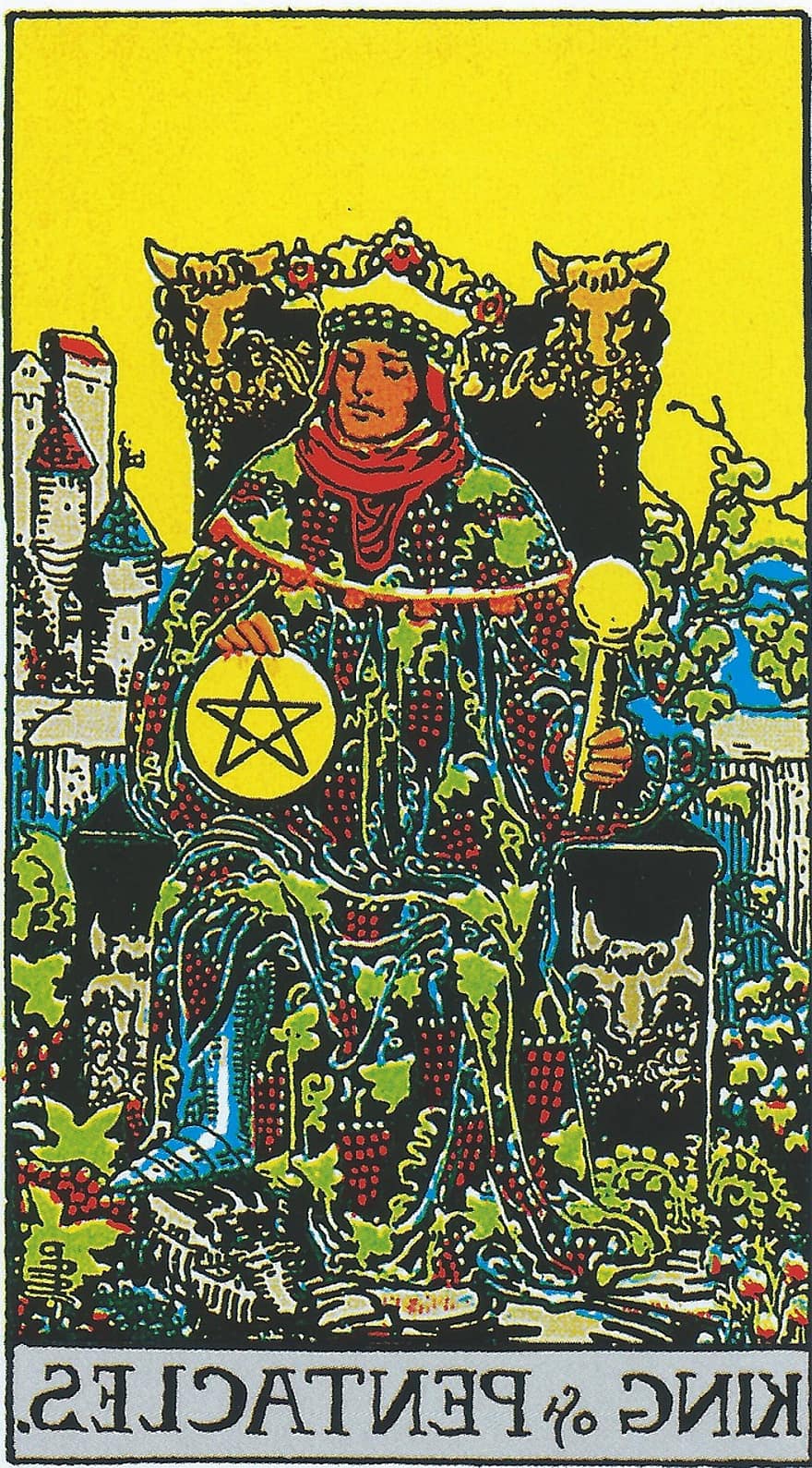 re dei pentacoli, carta dei tarocchi, Arcani minori, Mazzo di tarocchi Rider-waite, divinazione, spiritualità