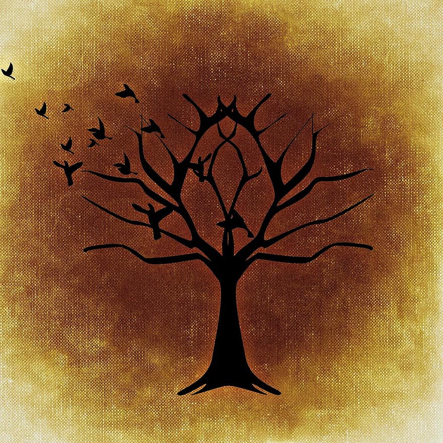 дерево, естетичний, птахів, летить, осінь