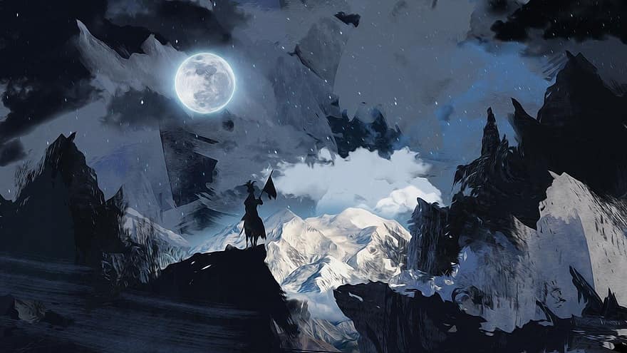 Painting, Knight, Night, Oil Paints, Fantasy, Moon, Mystical, Dark, Image, Horse, Mountains