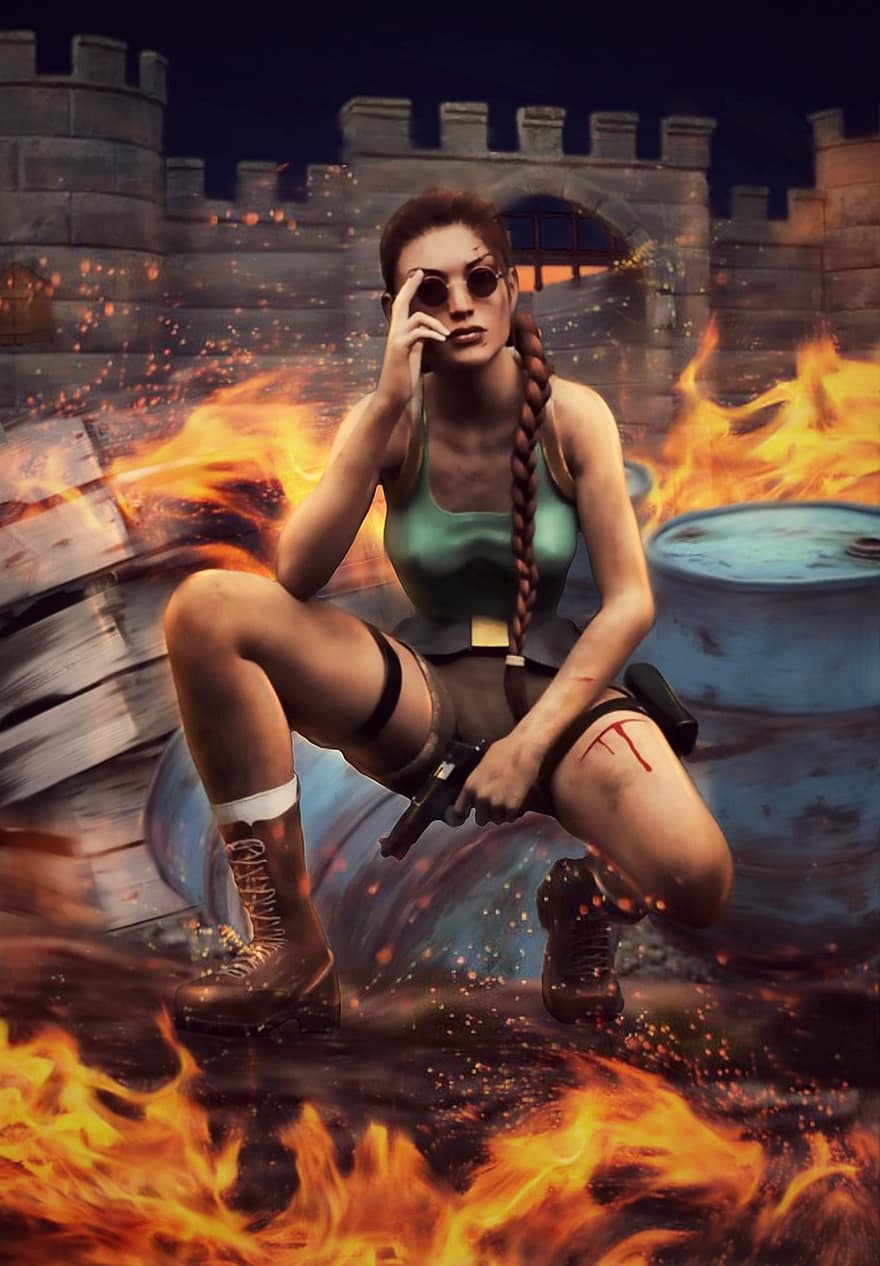 femeie, Tomb Raider, foc, luptă, explozie, armă, armă de foc, castel, ședință, în flăcări, caracter