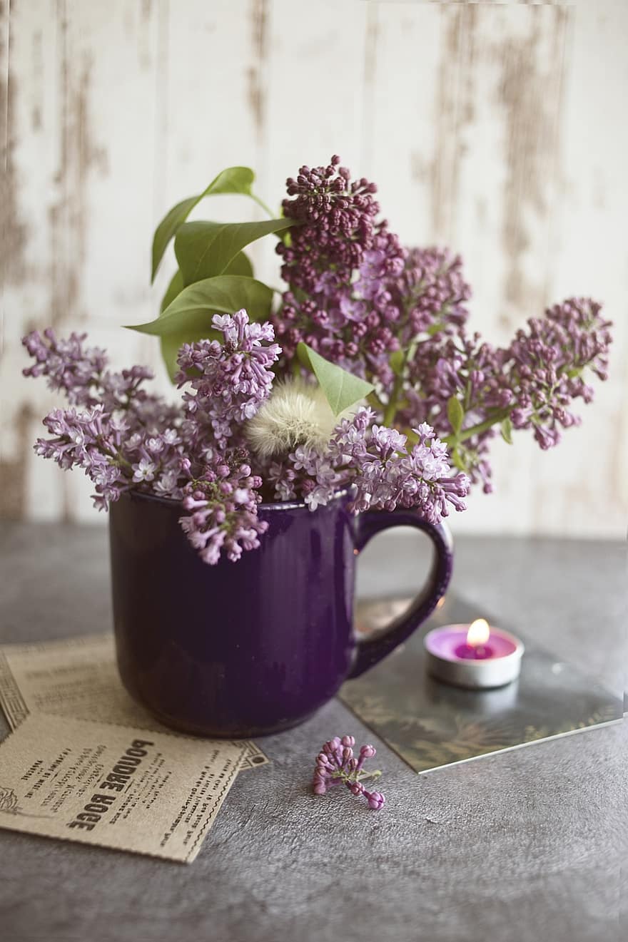 ungu, bunga-bunga, buket, musim semi, cangkir, bunga, meja, vas, kayu, menanam, kesegaran