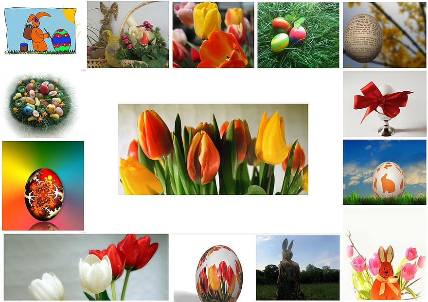 velikonoční, vejce, koláž, jaro, tulipány, velikonoční vajíčka, malované, zajíc, Ostehase, velikonoční oslava, malování