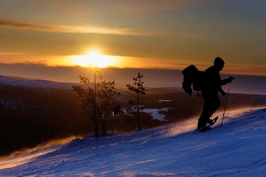 åka skidor, natur, vinter-, säsong, äventyr, solnedgång, utomhus, skymning, berg, snö, extrema sporter