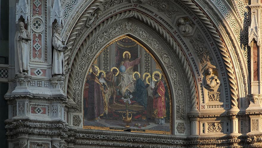 църква, мозайка, архитектура, Санта Мария дел Фиоре, Флоренция, фрагмент, фасадата на. \ t, светец, католически, религия, християнство