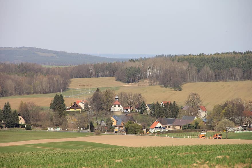 poble, prat, bosc, primavera, saxònia, Alemanya, idíl·lic, tranquil, casa, naturalesa, escena rural