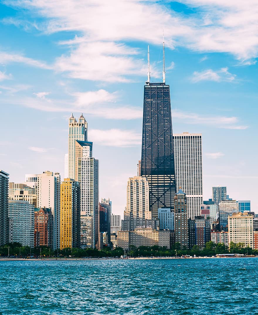 horizon, stad, chicago, downtown, water, gebouwen, stedelijk, hemel, architectuur, gebouw, panorama