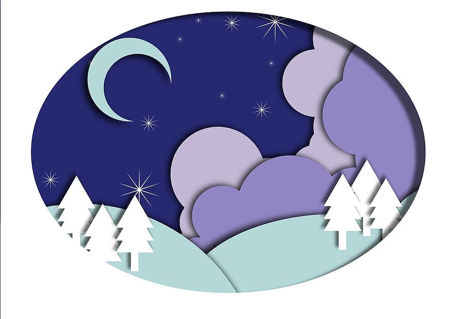 måne, natt, landskap, jul, vinter, himmel, stjerner, trær, skyer, natur, papirkutt
