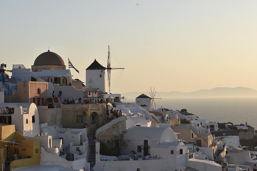 Houses, Village, Oia, Santorini, Greece, Windmill, Town, Slope, White Houses, Buildings, Architecture