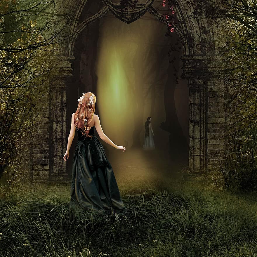 ragazza, foresta, fantasia, portale, elfo, donna, femmina, magico, umore, cancello, natura selvaggia