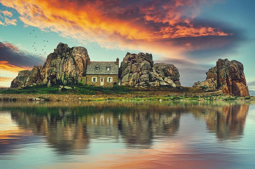 House, Island, Lake, Fantasy, Rock Formations, Rocks, Water, Reflection, Building, Nature, Scenic