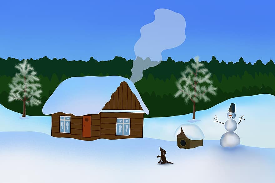 winter, huis, Kerstmis, landschap, natuur, wit, sneeuw, bomen, dennen, vorst, rijp