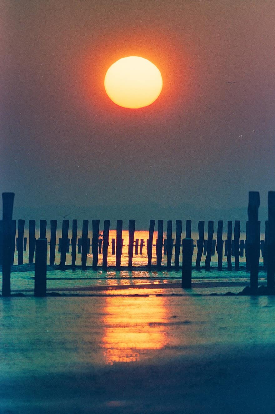 posta de sol, platja, Països Baixos, Mar del nord, aigua, estiu, nit, vespre, paisatge, sol, línia de costa