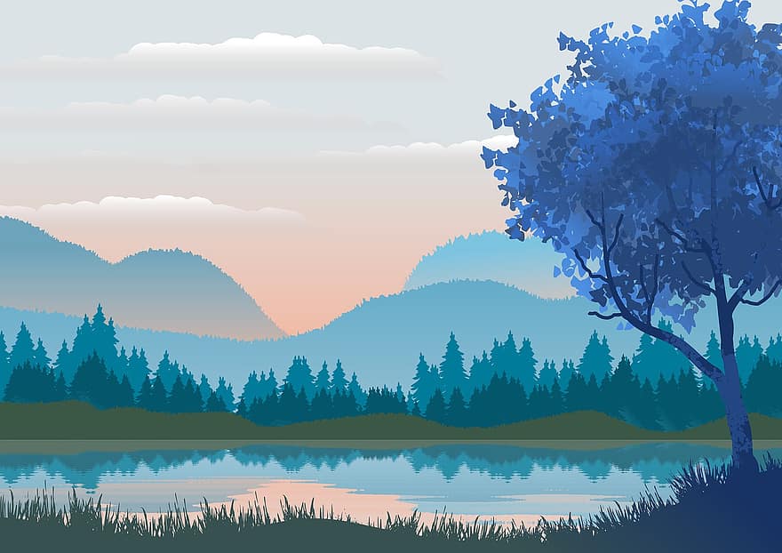 ilustración, fondo, paisaje, naturaleza, montaña, lago, bosque, rio, reflexión, ambiente, escénico
