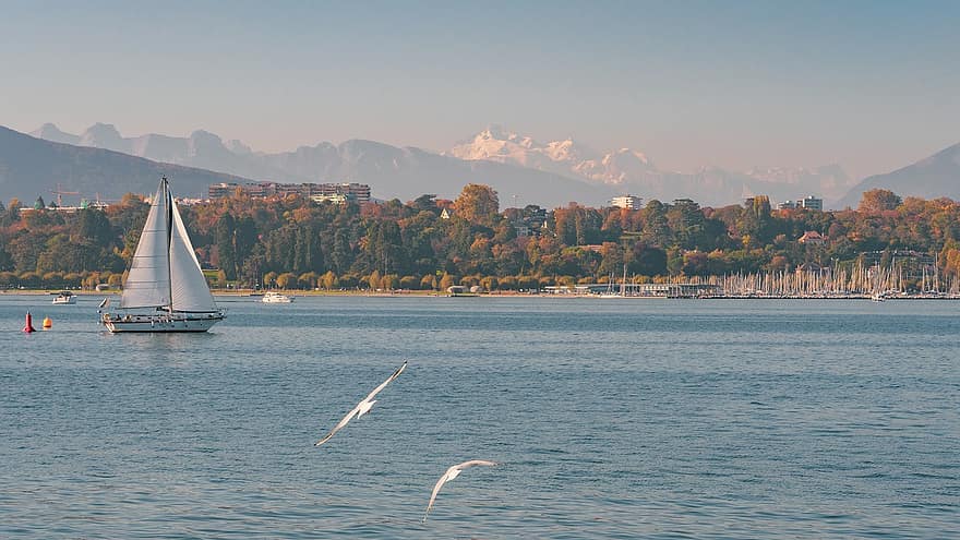 Genf, Genfi-tó, svájc, tó, tájkép, Mont Blanc, hegyek