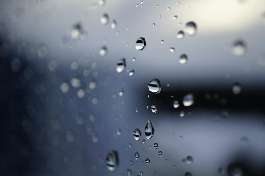 droppar, vatten, regn, regndroppe, makro, fönster, släppa, närbild, bakgrunder, våt, blå