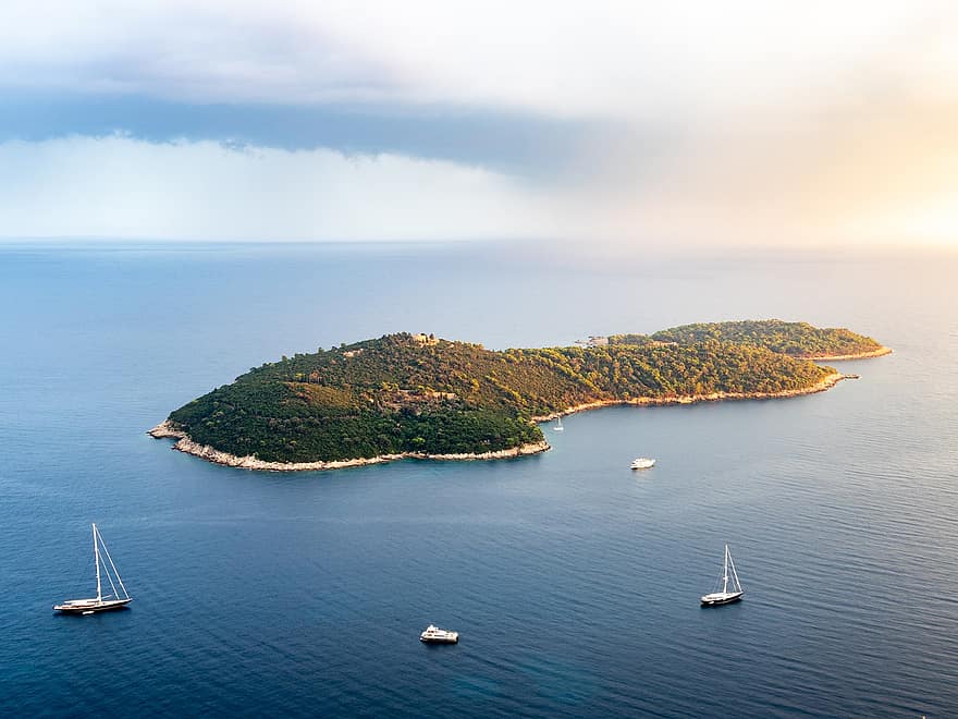 eiland, reizen, bestemming, toerisme, Lokrum, dubrovnik, Kroatië, natuur, buitenshuis, zee, jacht