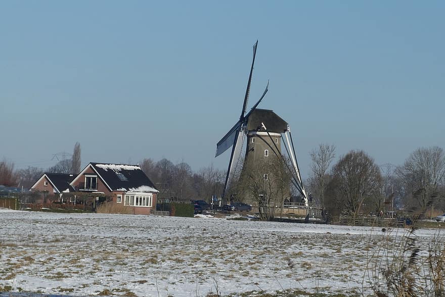 будівлі, млин, сніг, зима, краєвид, Голландія, архітектура, сільська сцена, вітряк, ферми, лід