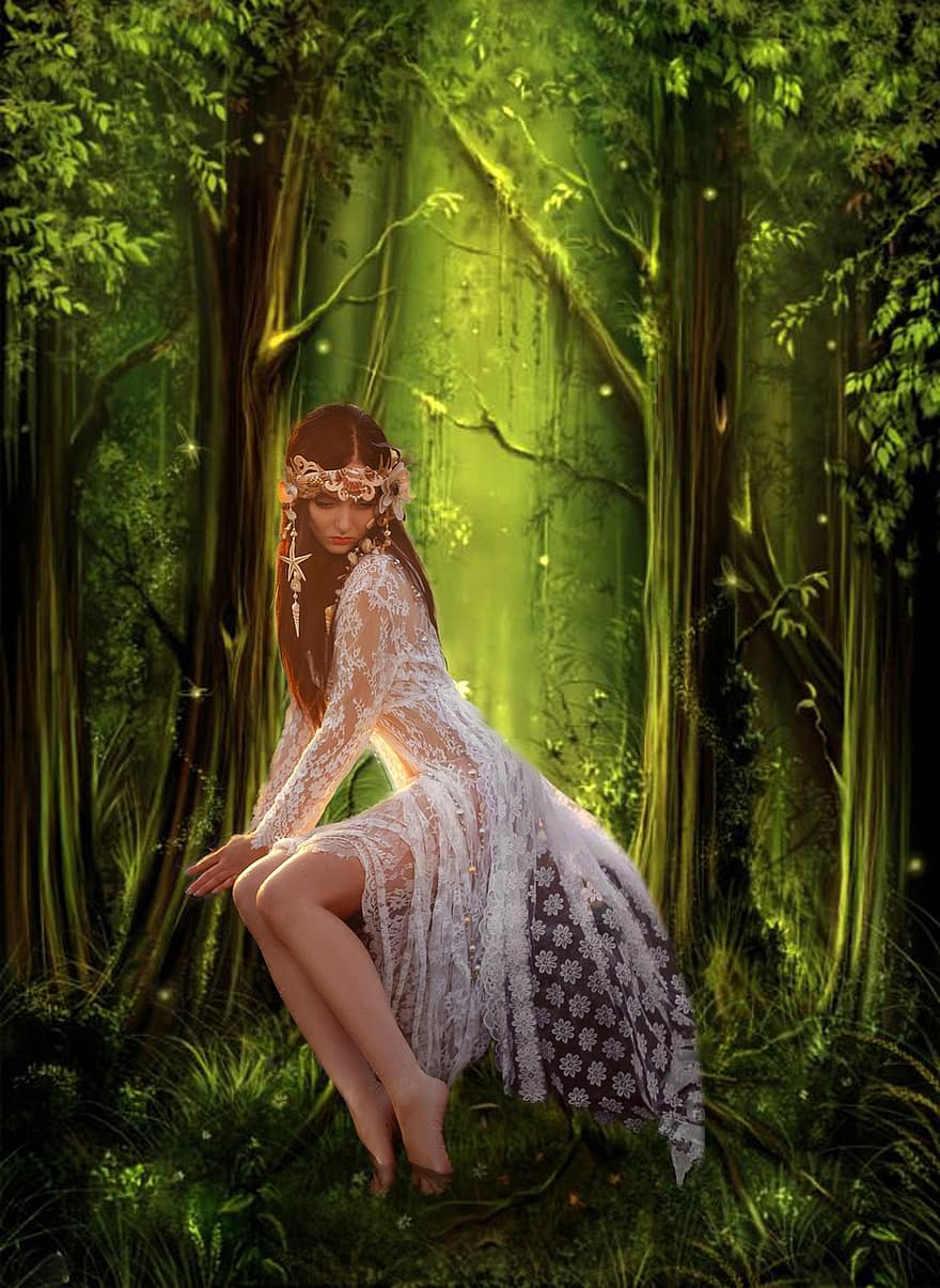fantazija, miškai, pasakos, ponia, mistinis, stebuklinga, miškas, medžiai, mergina