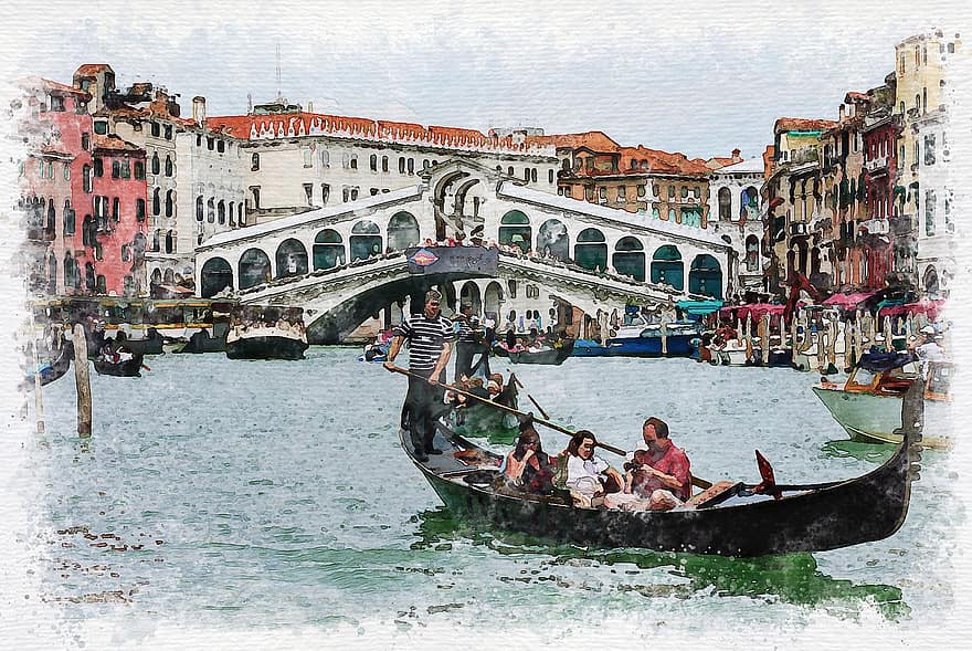 venedig, Italien, rialto bro, gondol, gondolier, kanal, både, by på vandet, landskab, turisme, maleri