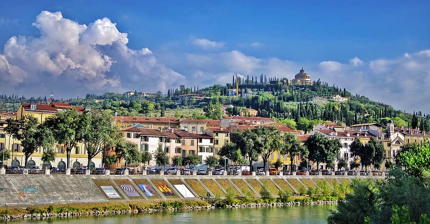 verona, Italia, sungai, kota, gunung, panorama