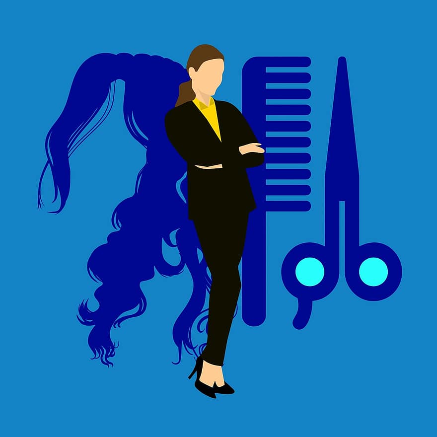 Frizieris, mati, matu stils, salons, skaistumkopšanas salons, Frizētavas logotips, frizieris, Modeļa mati, matu griešana, Frizētavas interjers, Zils logotips