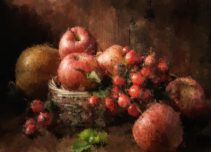Fruits, Vegetables, Apples, Pumpkin, Rose Hips, Table, Oil Painting, Digital Painting, fruit, food, freshness