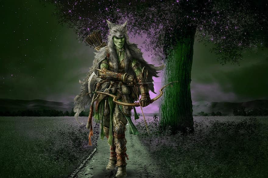 Elfas lankininkas, mistinis, miškai, fonas, kelias, fantazija, charakteris, skaitmeninis menas