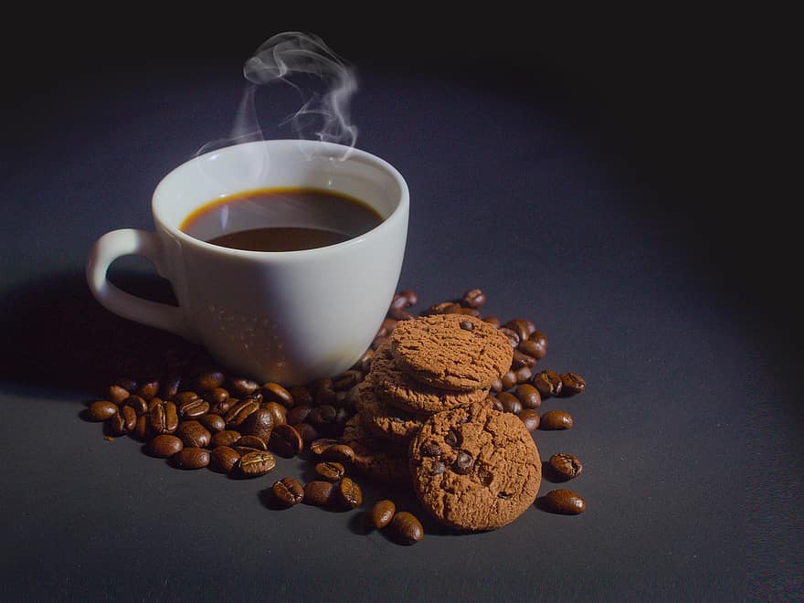 kaffe, småkakor, dryck, varmt kaffe, kaffebönor, mat, svart kaffe, koffein, kaffekopp, närbild, bakgrunder