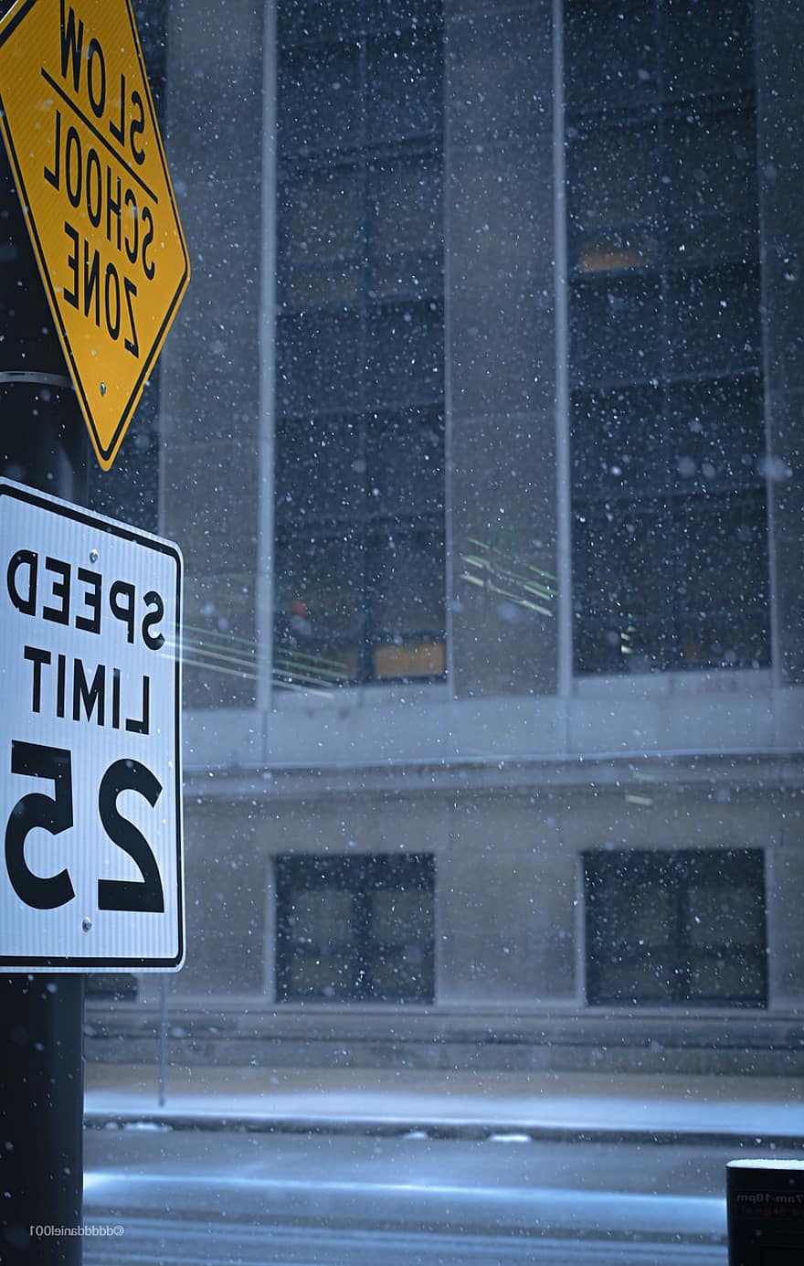 merkki, katu, lumi, talvi-, lumisade, liikennemerkki, nopeusrajoitus, kouluvyöhykkeellä, tie, ulkona, sää