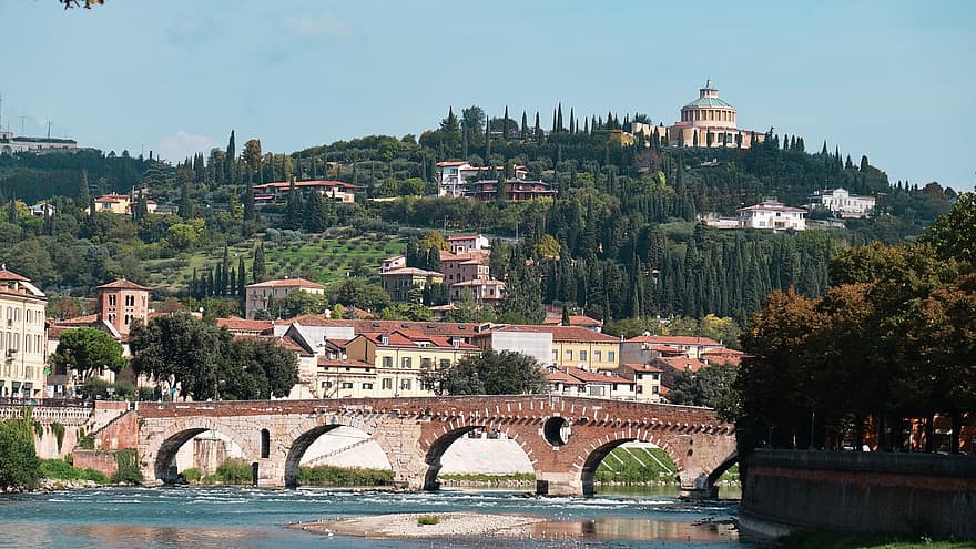 verona, Włochy, most, wzgórze, zamek, sceneria, rzeki, dziedzictwo, Miasto, podróżować, znane miejsce
