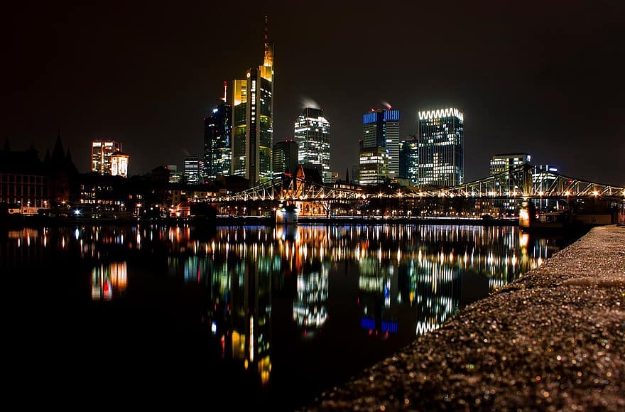 pilsēta, ēkām, pilsētas, arhitektūra, ceļot, tūrismu, frankfurte, Vācija, naktī, pilsētas ainava, debesskrāpis