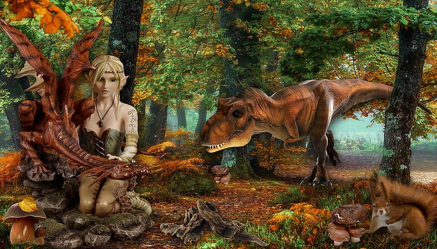 elfe, fille, dragon, écureuil, tamia, dinosaure, t-rex, des arbres, forêt, feuillage, la nature