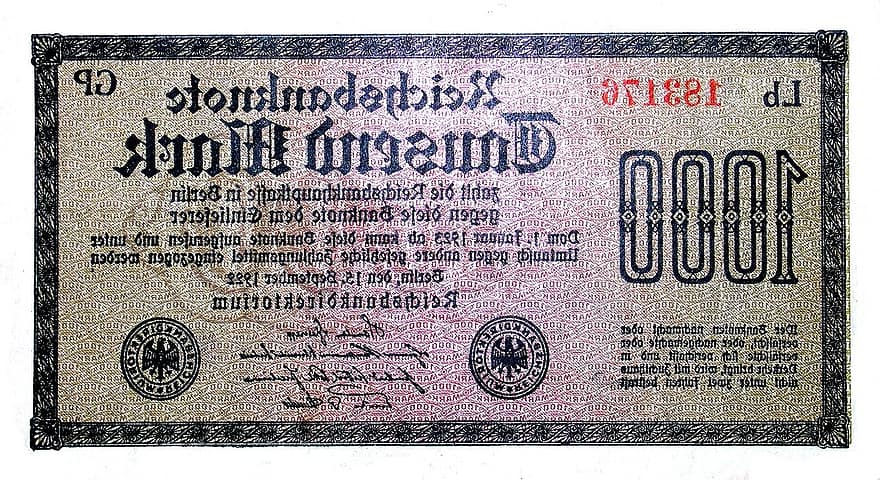 ドル紙幣、1000マーク、インフレーション、1922年、ドイツ、無価値、現金および現金同等物、貧困、戦争による、通貨、紙幣