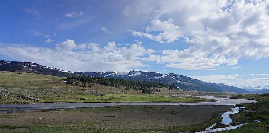Công viên quốc gia Yellowstone, wyoming, thung lũng lamar, con sông, thung lũng, công viên quốc gia, núi, cỏ, phong cảnh, mùa hè, màu xanh da trời