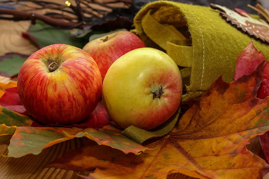 Apple, Healthy, Autumn, Leaves, Bag, Felt, Green, Fruit, Eat, Fresh, Vitamins